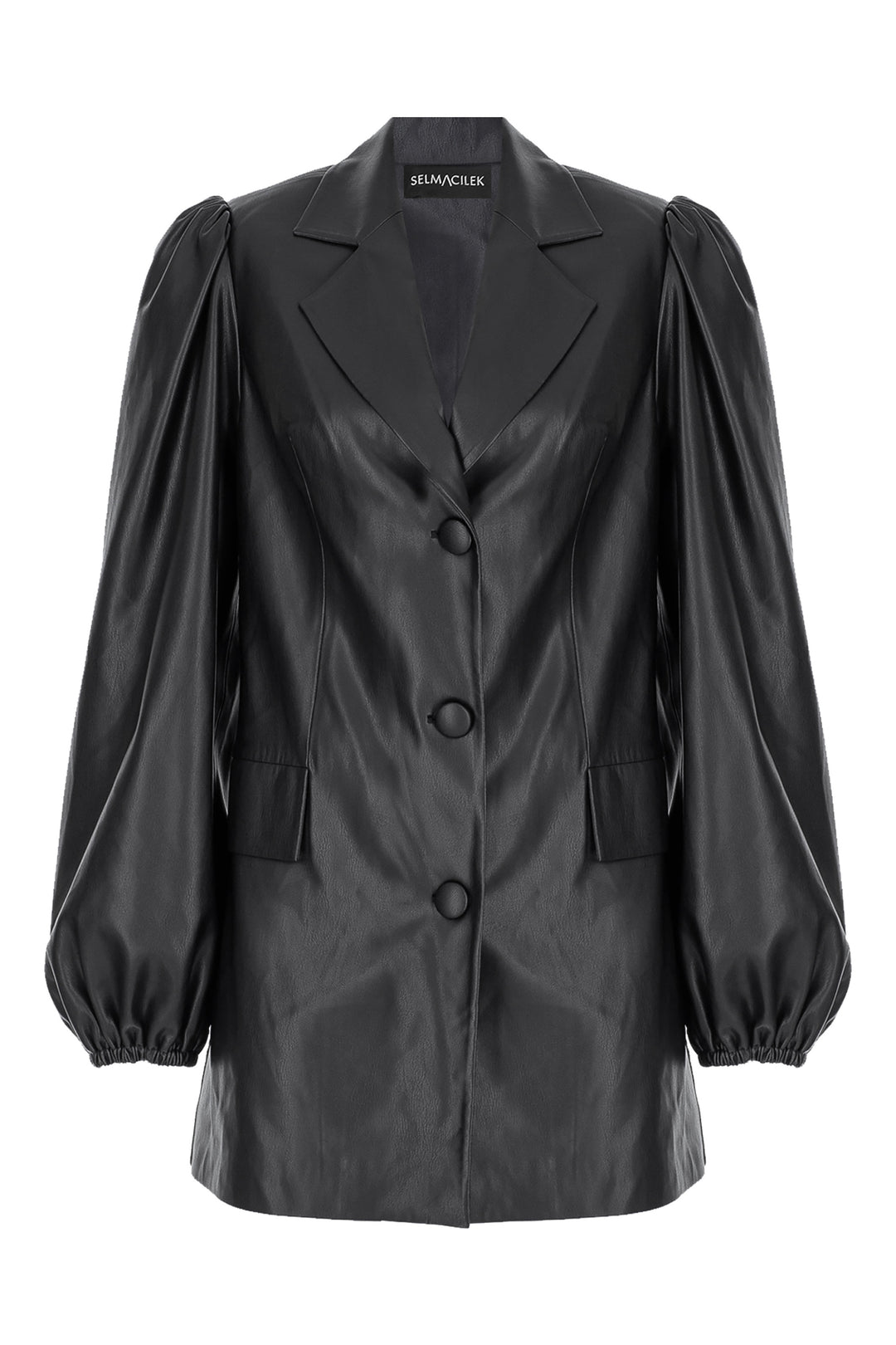 Siyah Balon-Kol Vegan-Deri Blazer Ceket