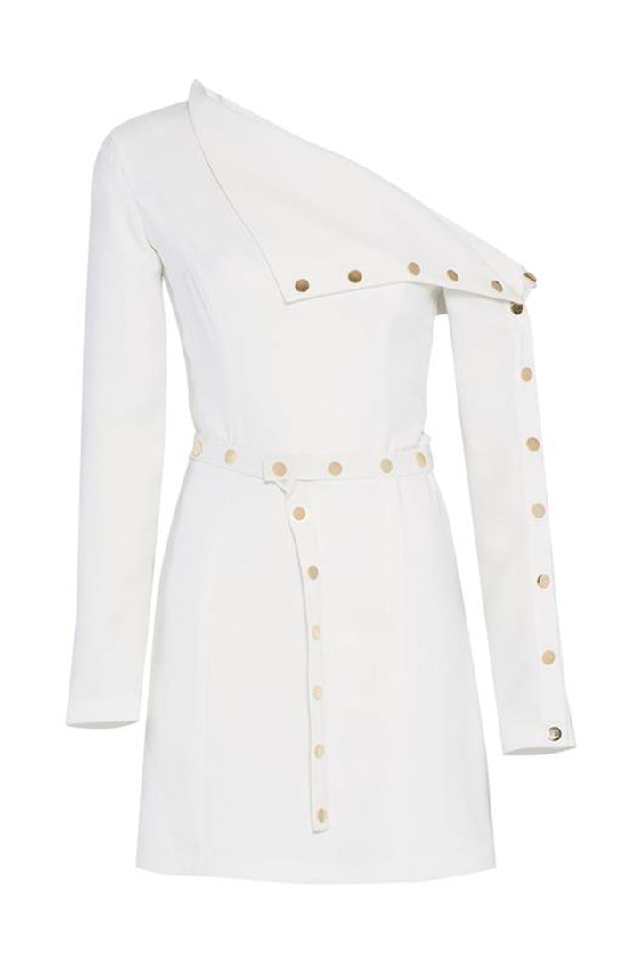 Beyaz Asimetrik-Yaka, Uzun-Kol, Mini Elbise