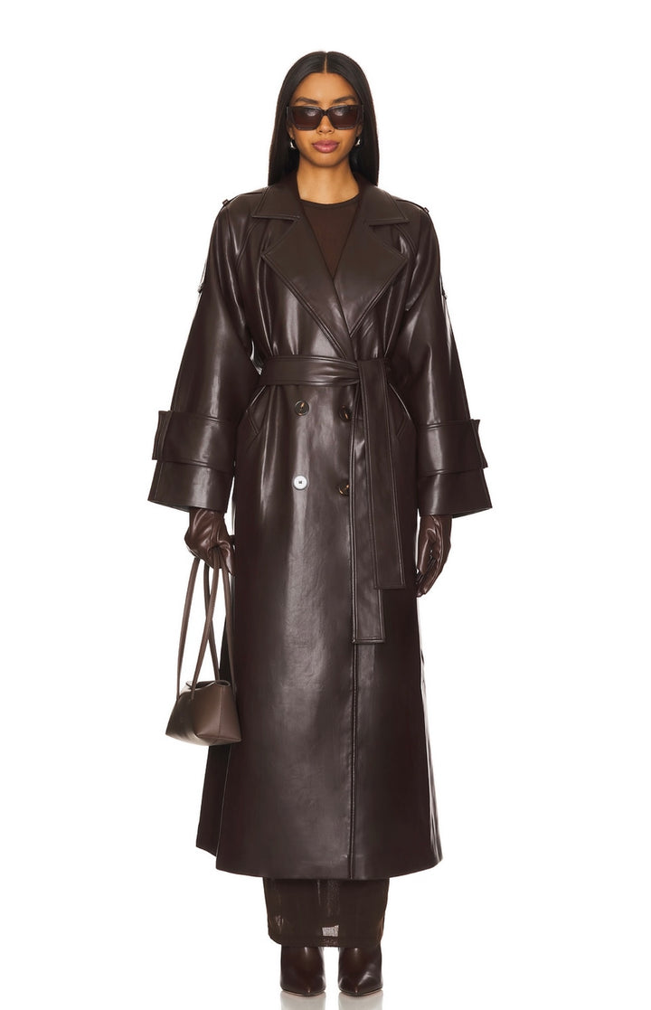 KOYU KAHVE VEGAN DERİ TRENCHCOAT
