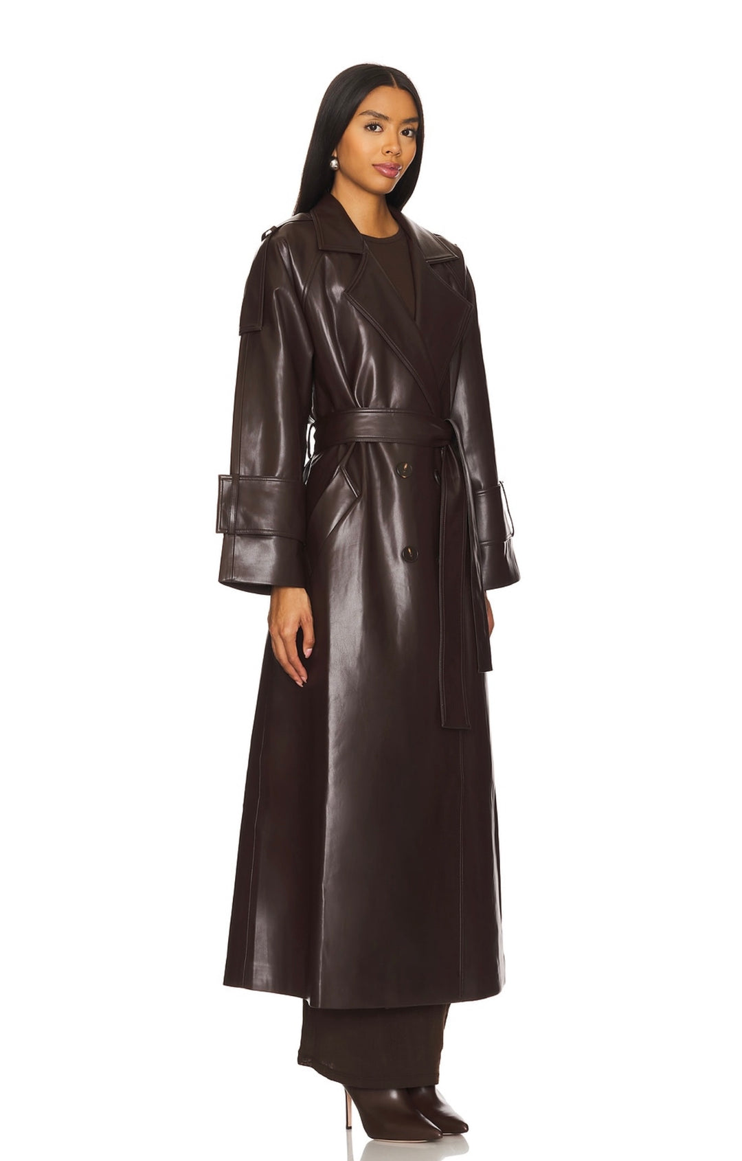 KOYU KAHVE VEGAN DERİ TRENCHCOAT