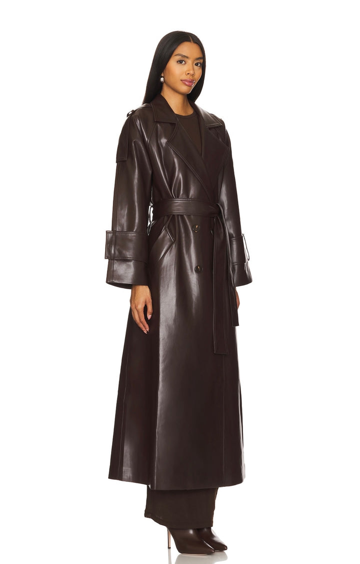 KOYU KAHVE VEGAN DERİ TRENCHCOAT