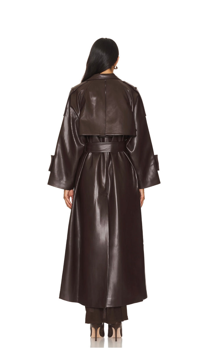 KOYU KAHVE VEGAN DERİ TRENCHCOAT