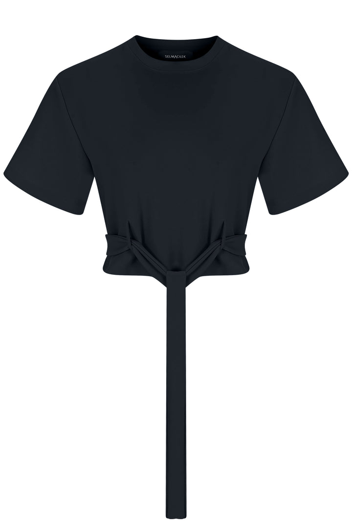 Siyah Bağlama Detaylı Crop Tişört