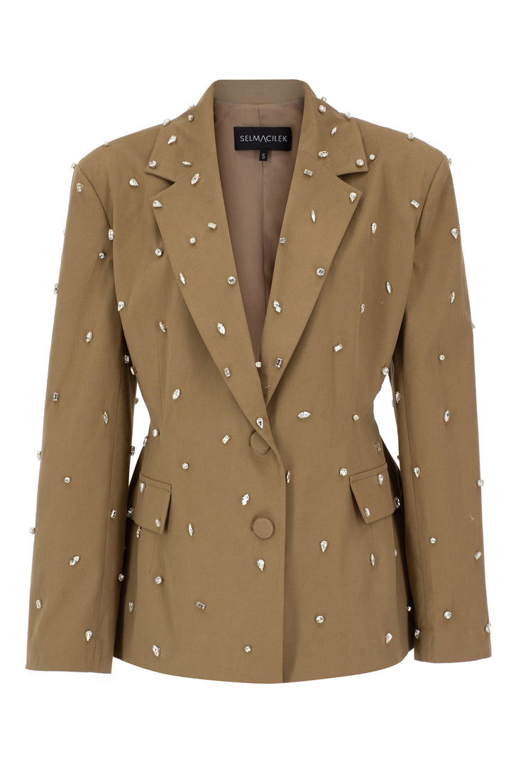 Camel Swarovski Detayli Kanvas Blazer Ceket