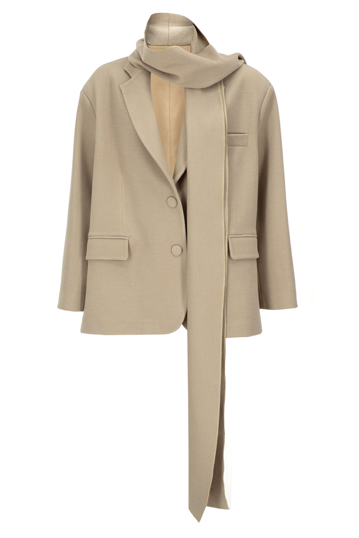 TAŞ RENGİ DOKULU ŞAL DETAYLI BLAZER CEKET