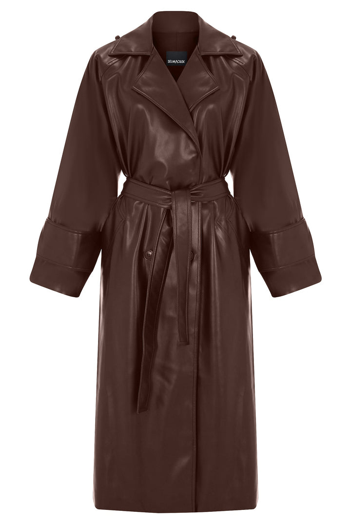 KOYU KAHVE VEGAN DERİ TRENCHCOAT
