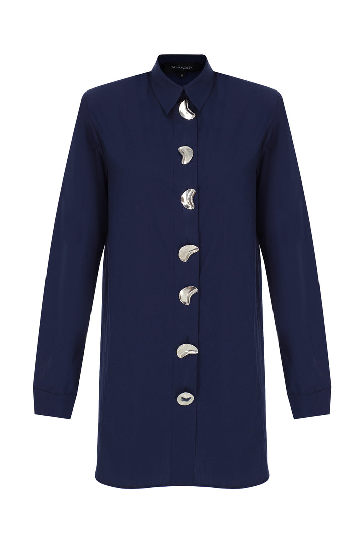 Lacivert Poplin Düğme Detaylı Uzun-Kollu Gömlek Elbise