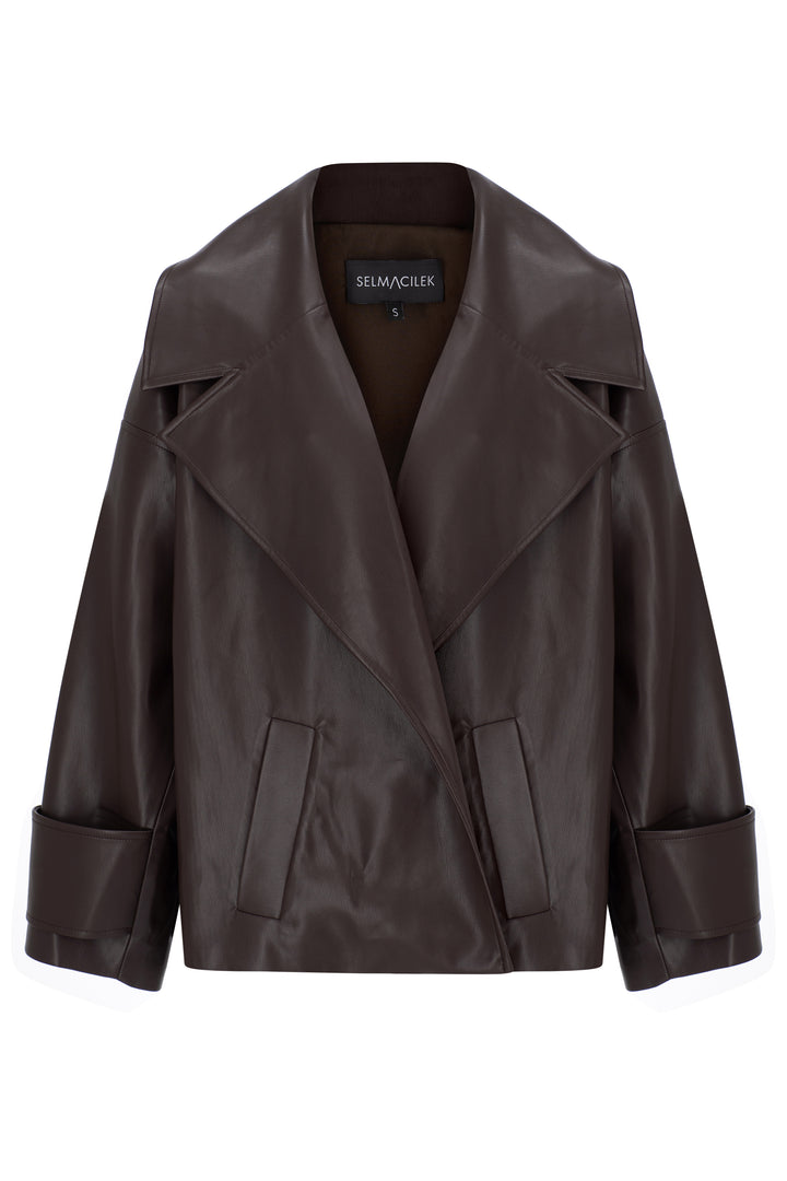 KAHVERENGİ VEGAN DERİ OVERSIZED CEKET