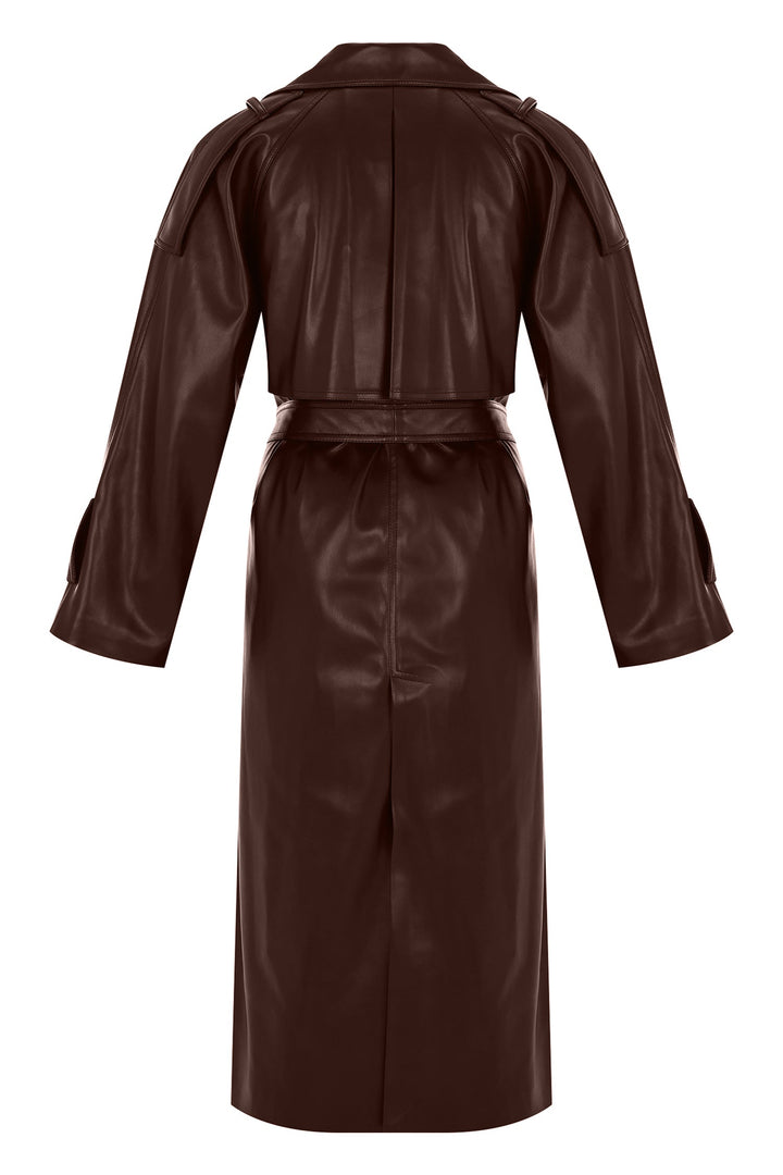 KOYU KAHVE VEGAN DERİ TRENCHCOAT