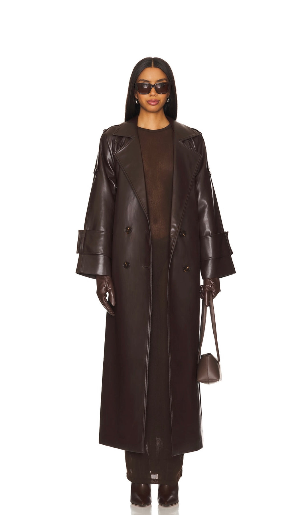 KOYU KAHVE VEGAN DERİ TRENCHCOAT