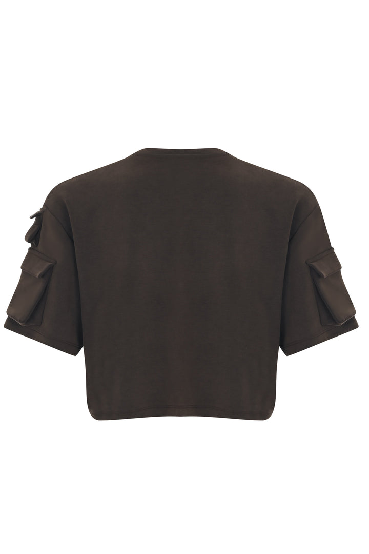 Kahverengi Kargo Cepli Crop Tişört
