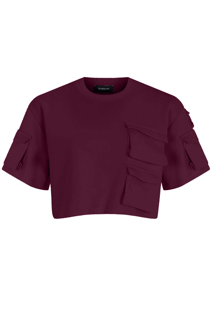 Bordo Kargo Cepli Crop Tişört