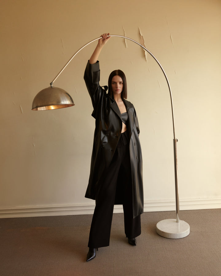 SİYAH VEGAN DERİ TRENCHCOAT