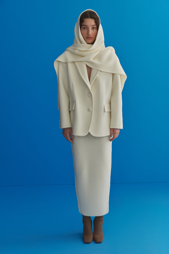EKRU TRİKO ŞAL DETAYLI KAŞE BLAZER CEKET