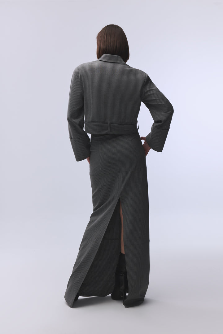 GRİ ÇİZGİLİ KUŞAK DETAYLI CEKET