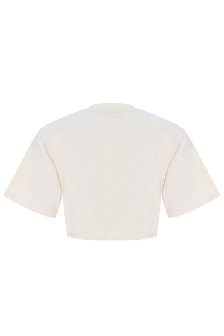 Ekru Kısa Kollu Crop Tişört