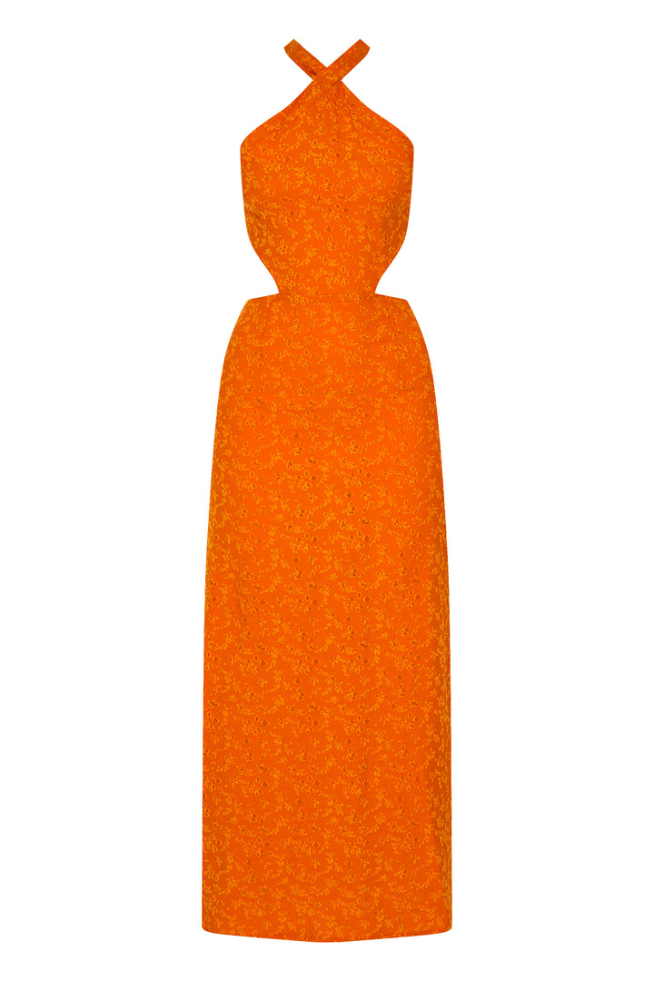 Turuncu Çiçek Desenli Çapraz Bağlama Detaylı Midi Elbise