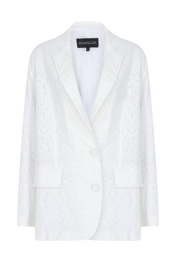 Beyaz Çiçek Desenli Oversize Blazer Ceket