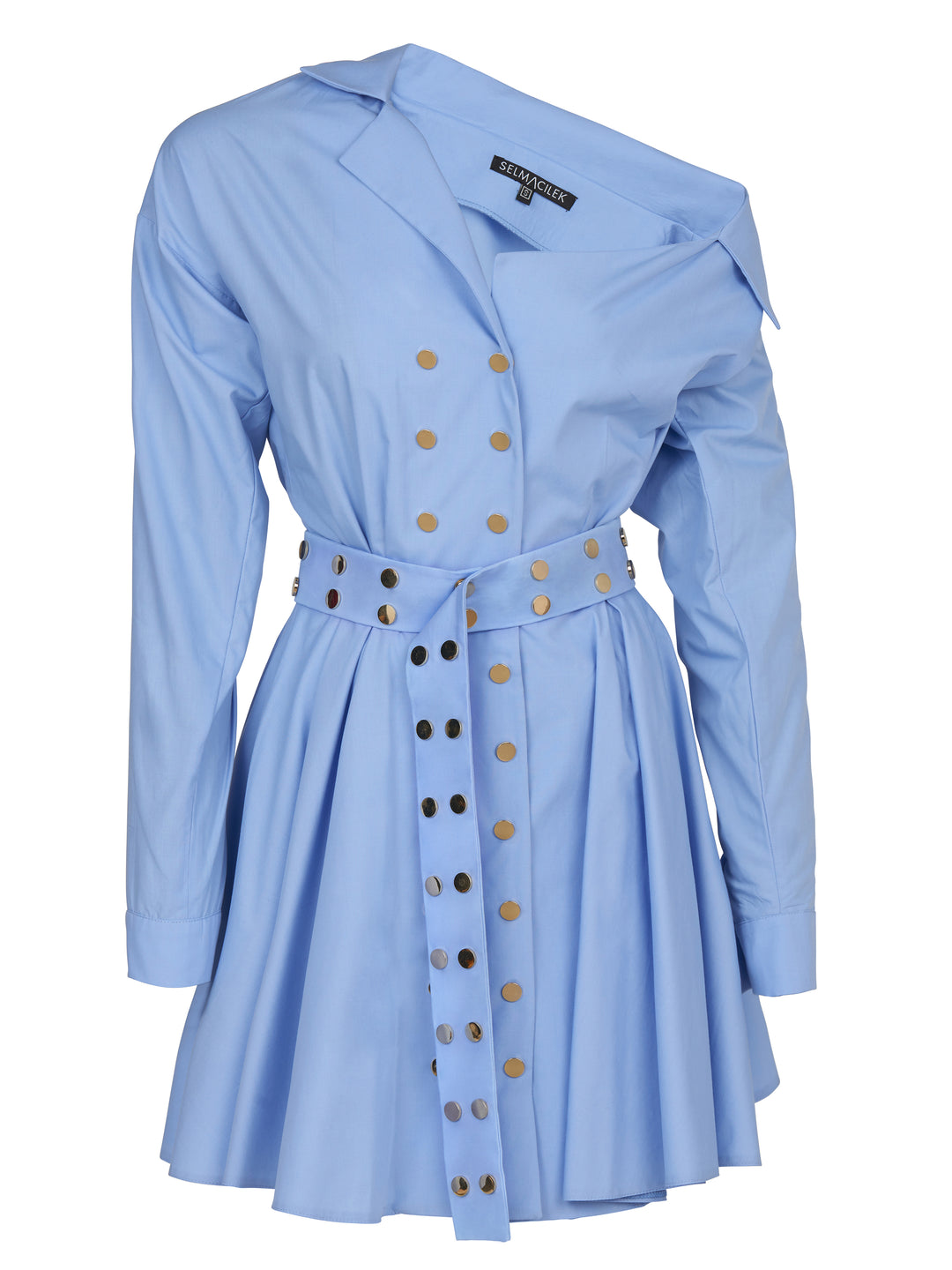 Mavi Asimetrik-Yaka, Uzun-Kol, Mini Elbise