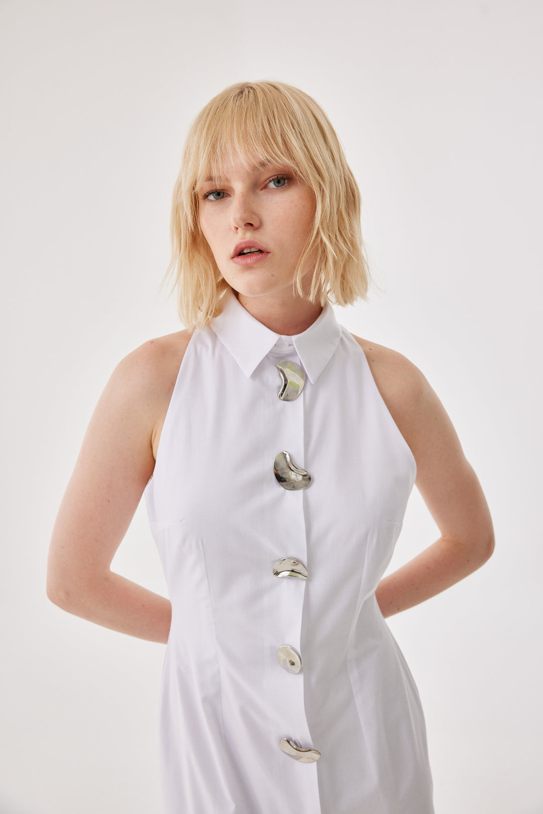Beyaz Poplin Düğme Detaylı Gömlek Elbise