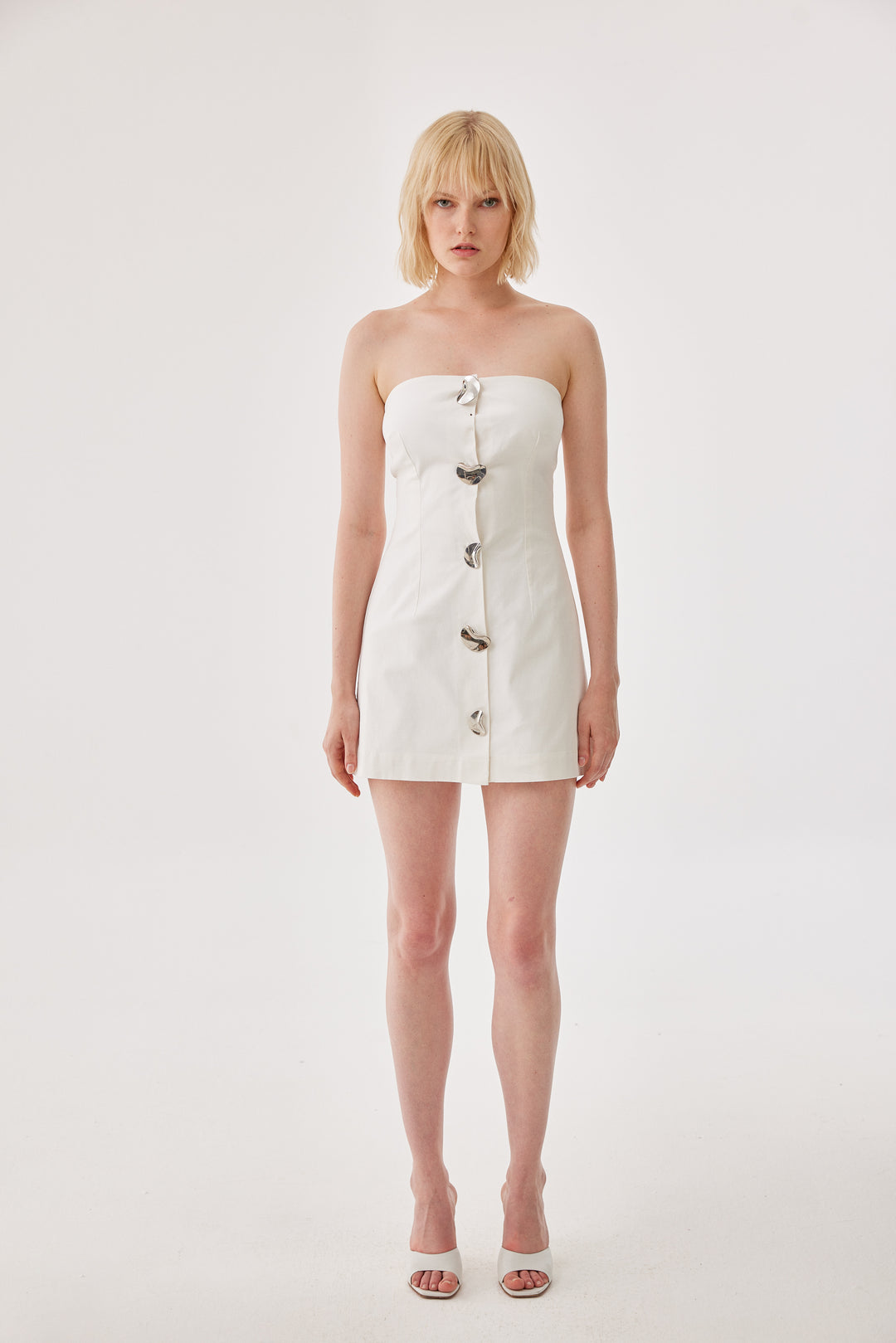 Ekru Kanvas Düğme Detaylı Straplez Mini Elbise
