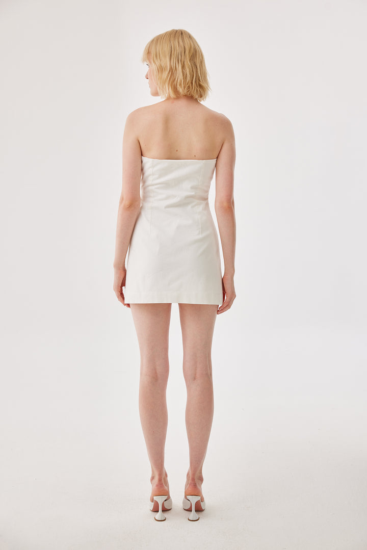 Ekru Kanvas Düğme Detaylı Straplez Mini Elbise