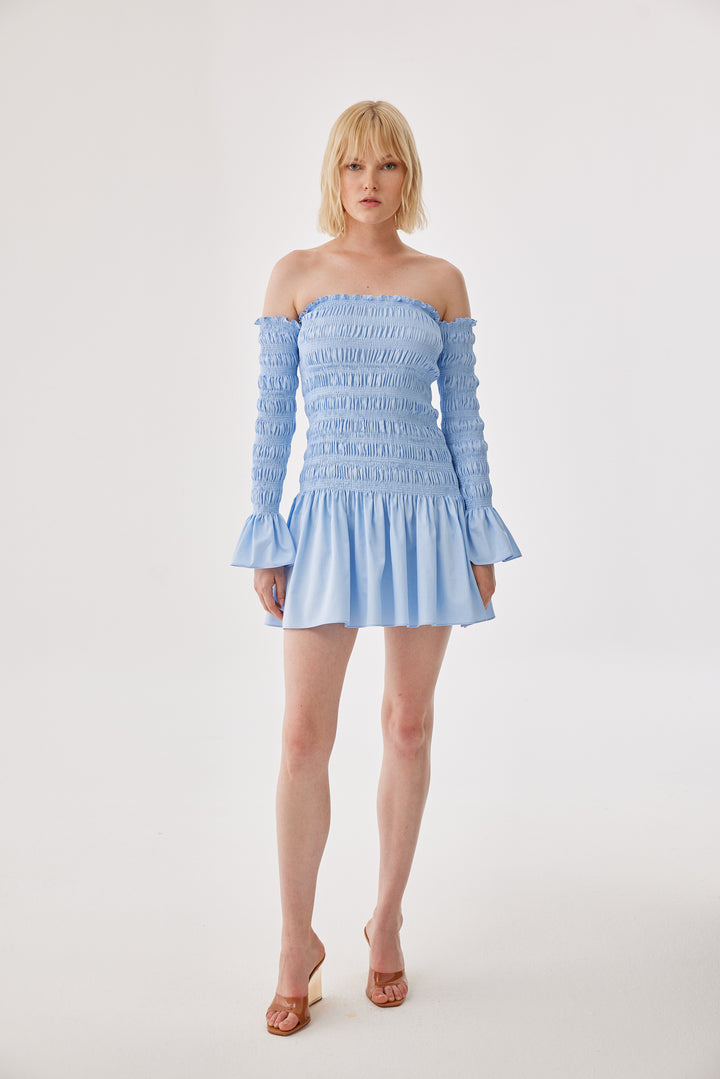 Mavi Poplin Büzgü Detaylı Straplez Mini Elbise