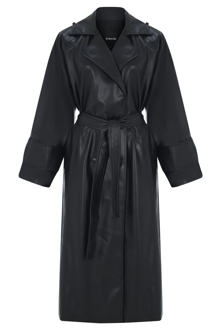 SİYAH VEGAN DERİ TRENCHCOAT