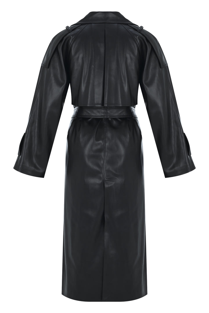 SİYAH VEGAN DERİ TRENCHCOAT
