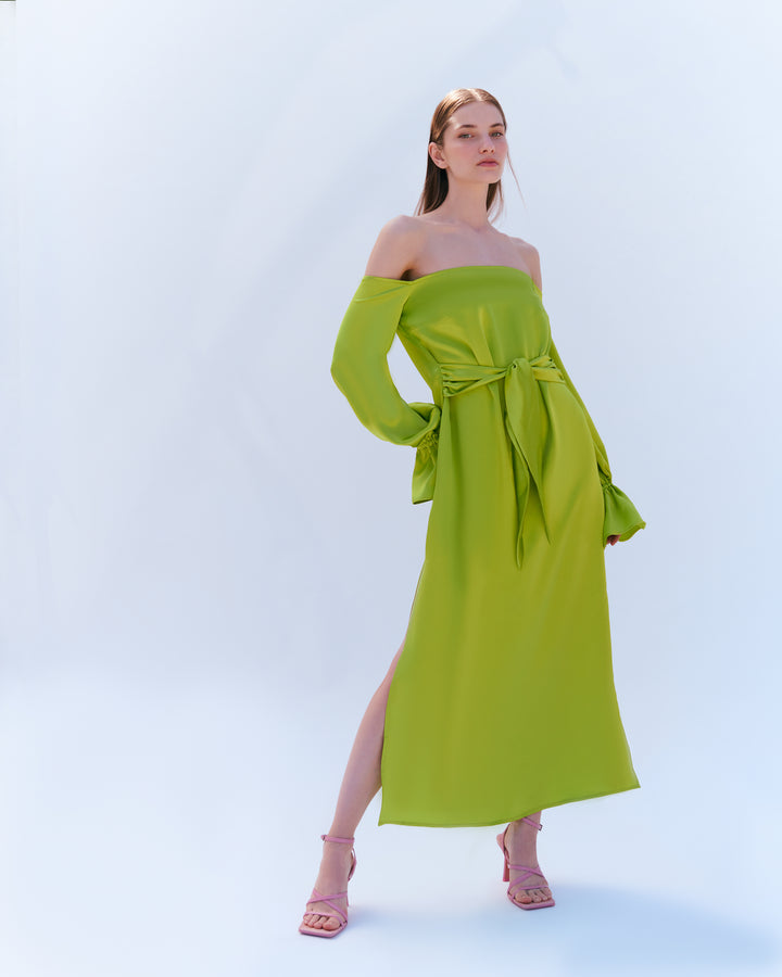 Straplez Kemer Detaylı Midi Kaftan Elbise