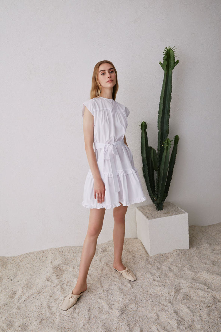 Beyaz Kuşaklı Poplin Mini Elbise