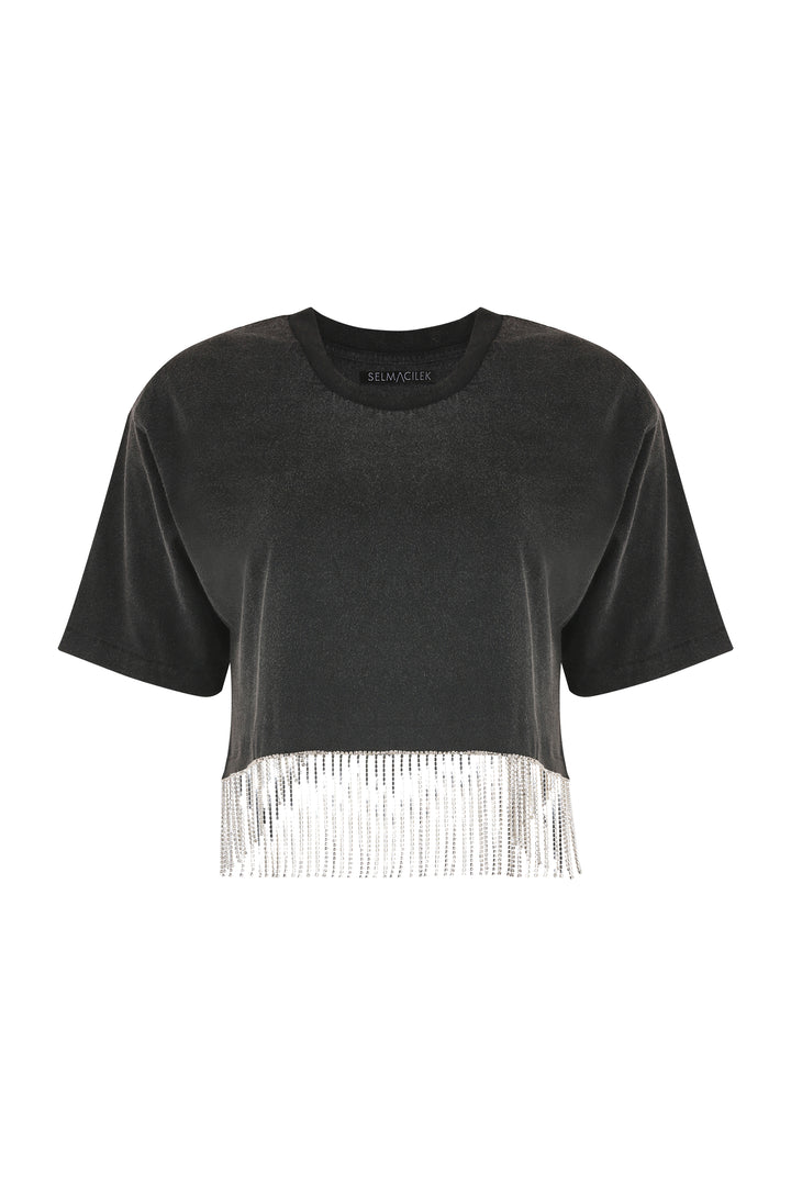 Gri Bisiklet-Yaka, Kısa-Kol, Swarovski-Detaylı T-Shirt