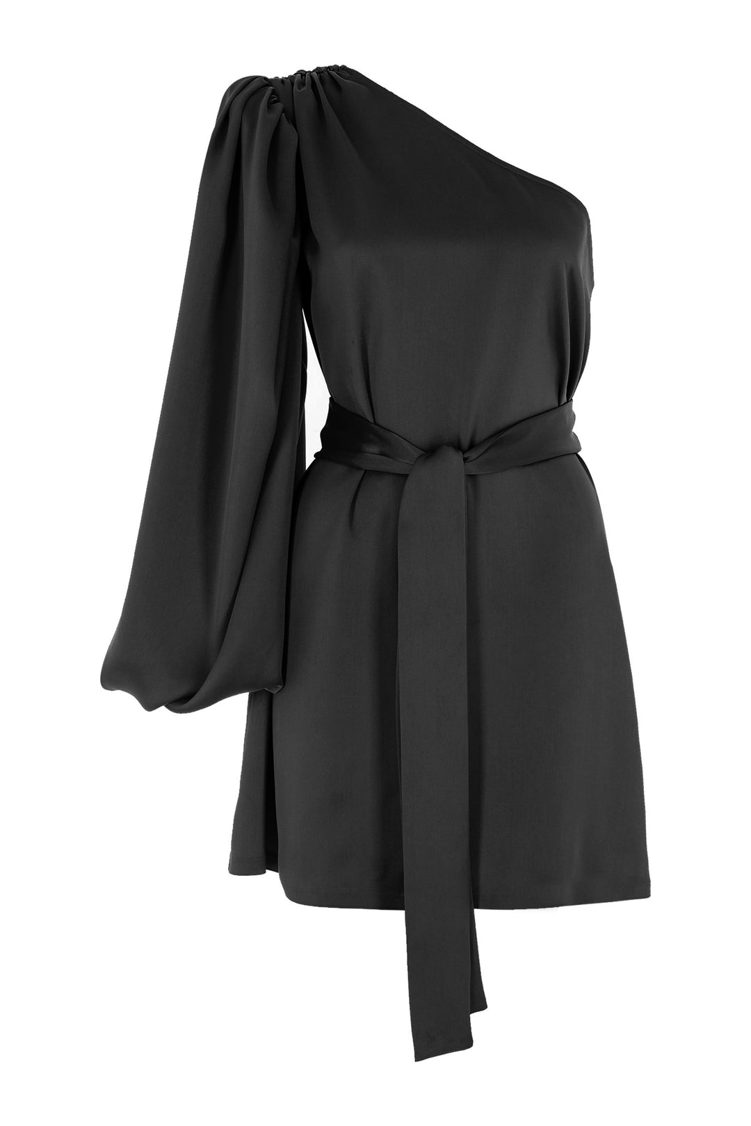 Siyah Saten Tek Kol Bağlama Detaylı Mini Elbise