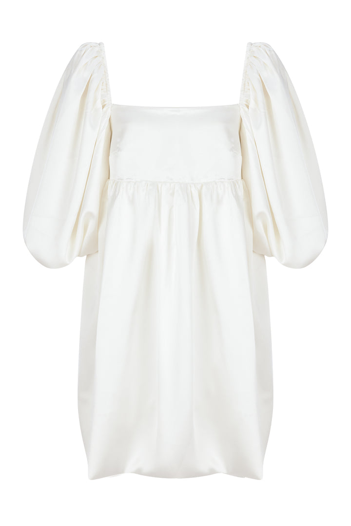 Beyaz Kare Yaka Balon Kol Mini Elbise