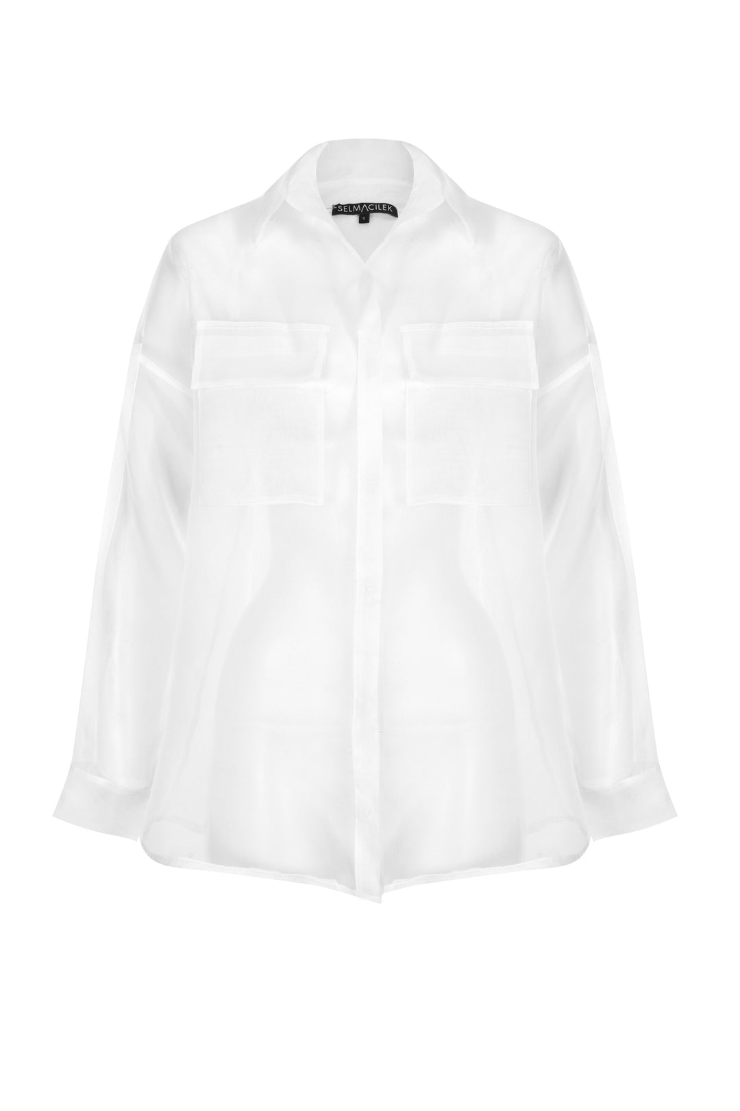 Beyaz Cep Detaylı Transparan Organze Gömlek