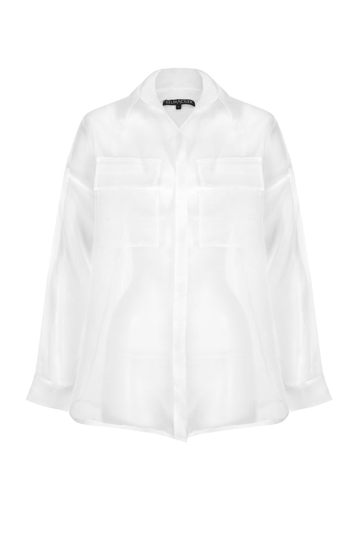 Beyaz Cep Detaylı Transparan Organze Gömlek