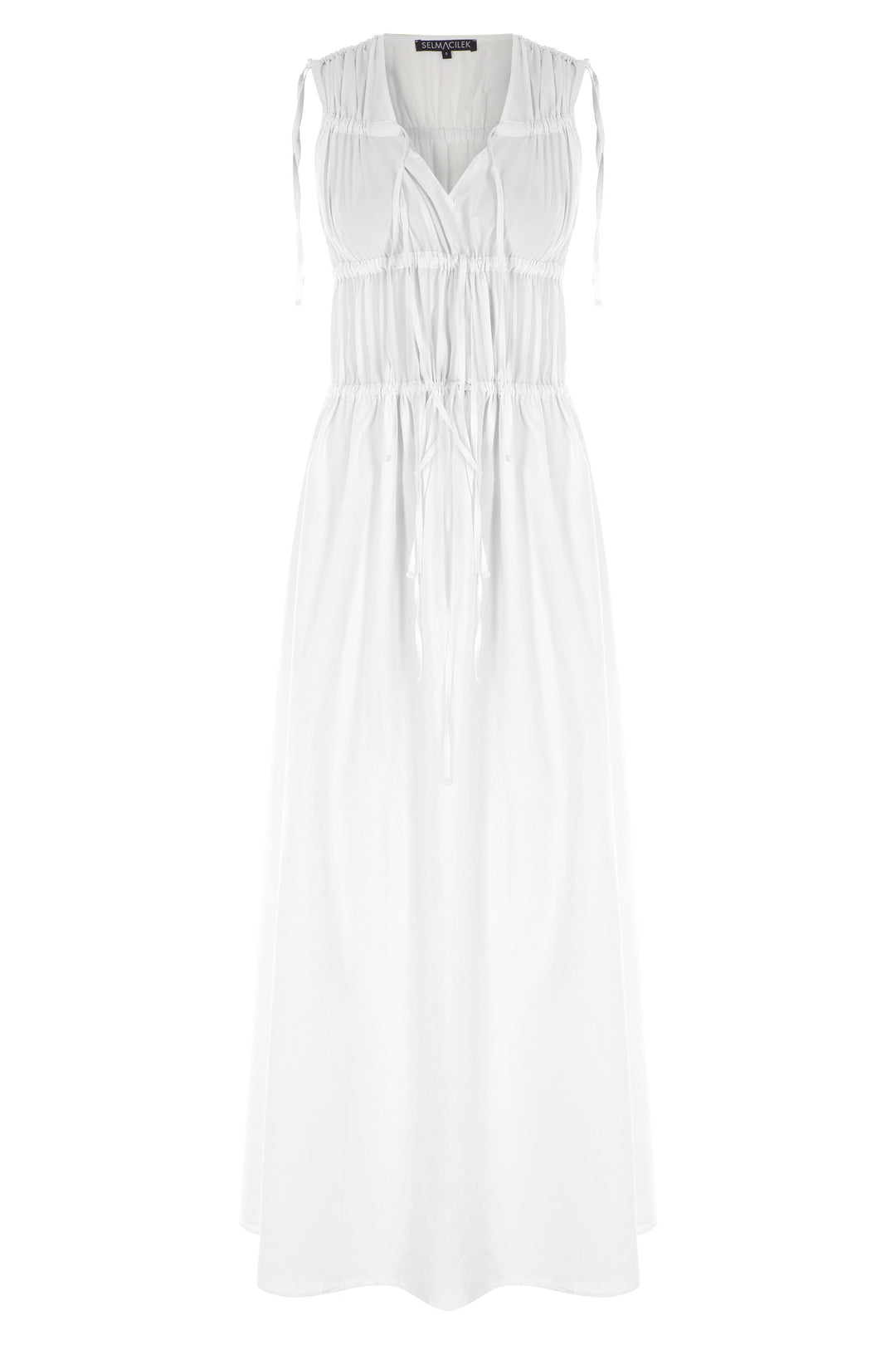 Beyaz V Yaka İp Detaylı Poplin Maxi Elbise