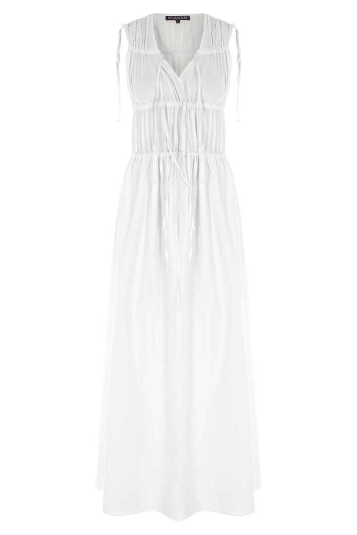 Beyaz V Yaka İp Detaylı Poplin Maxi Elbise
