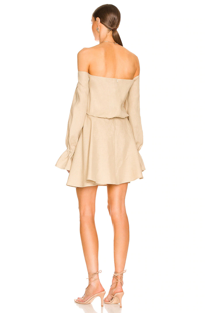 Bej Keten Mini Kaftan Elbise