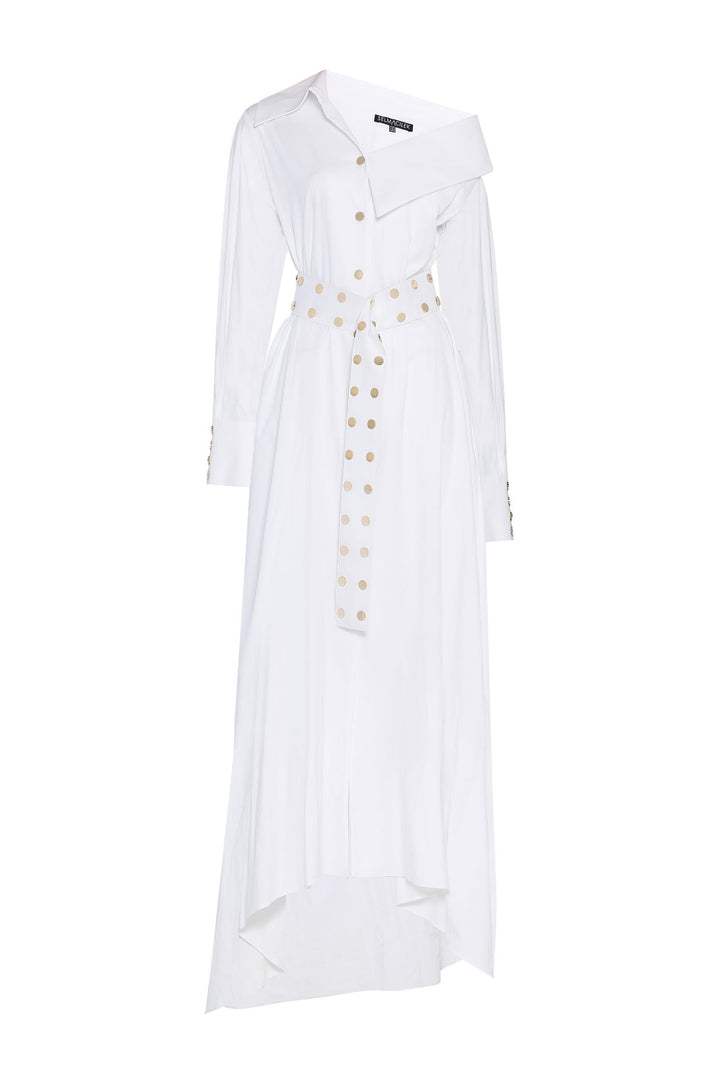 Beyaz Asimetrik-Yaka, Uzun-Kol, Maxi Elbise