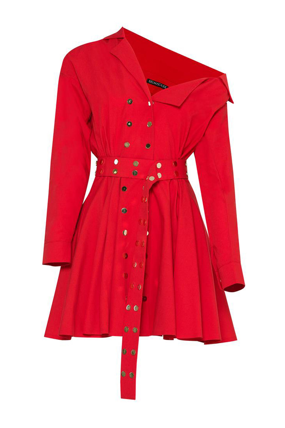 Kırmızı Asimetrik-Yaka, Uzun-Kol, Mini Elbise