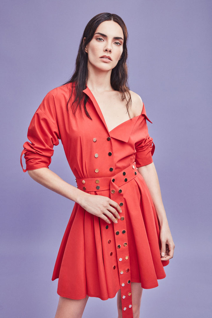 Kırmızı Asimetrik-Yaka, Uzun-Kol, Mini Elbise