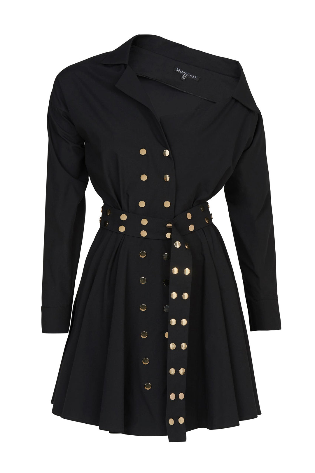 Siyah Asimetrik-Yaka, Uzun-Kol, Mini Elbise