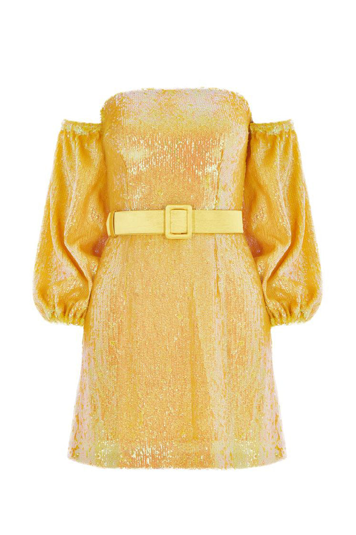 Sarı Straplez, Kolsuz, Payetli Mini Elbise