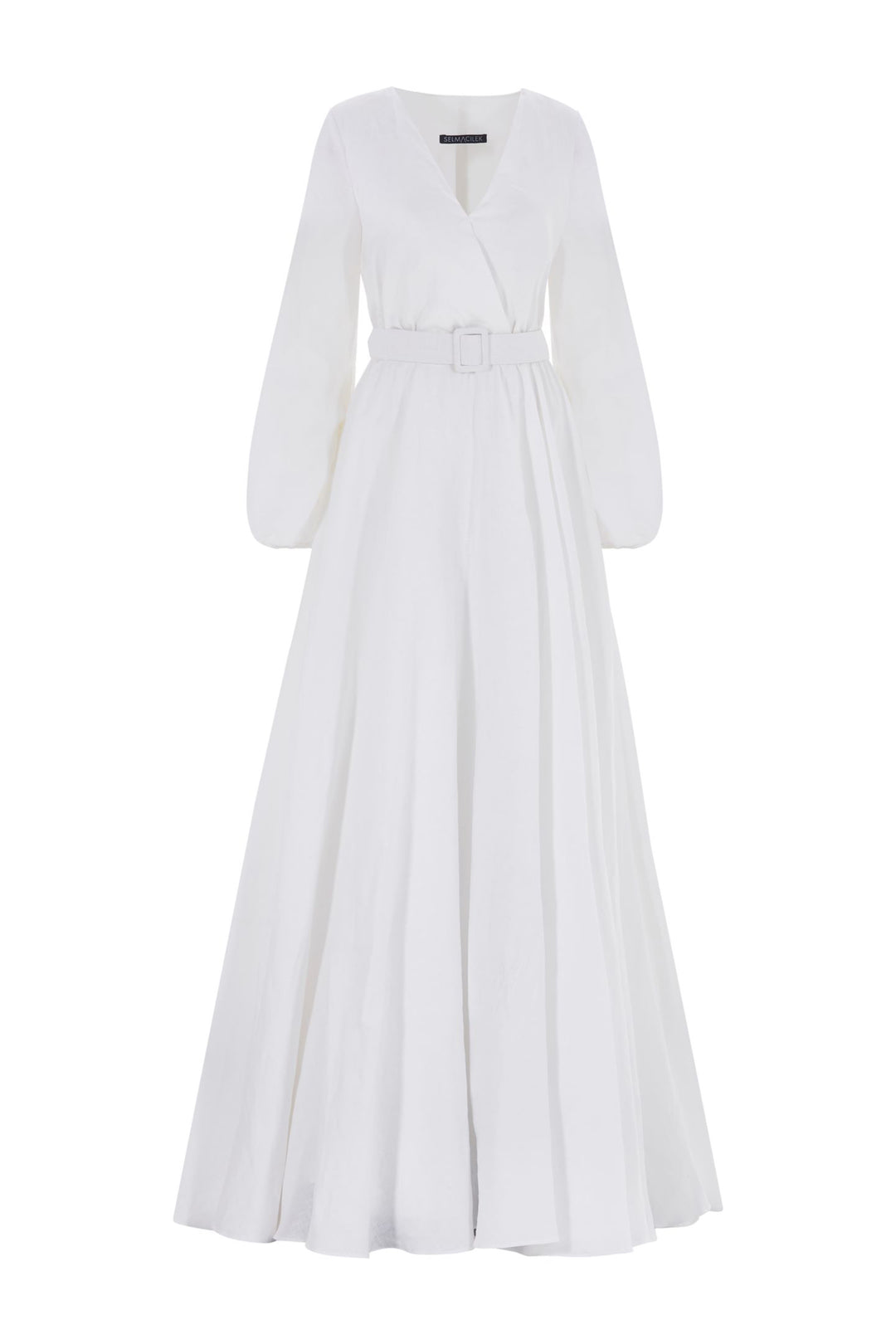 Beyaz V-Yaka, Uzun-Kol, Keten Maxi Elbise