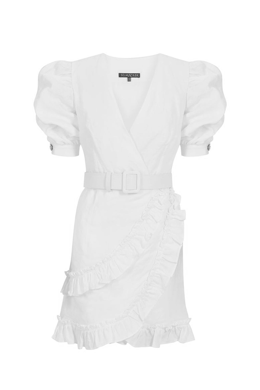 Beyaz V-Yaka, Kısa-Kol, Keten Mini Elbise