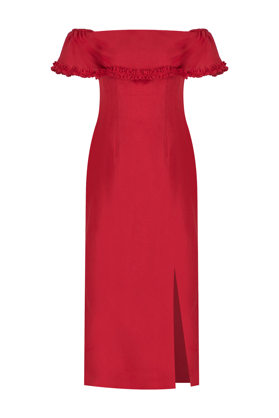 Kırmızı Straplez, Kısa-Kol, Keten Midi Elbise