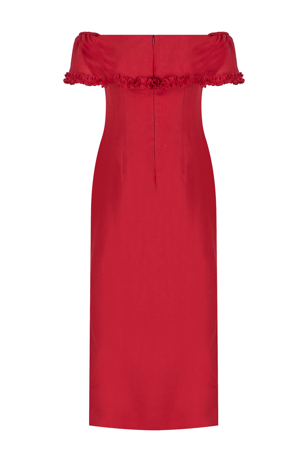 Kırmızı Straplez, Kısa-Kol, Keten Midi Elbise