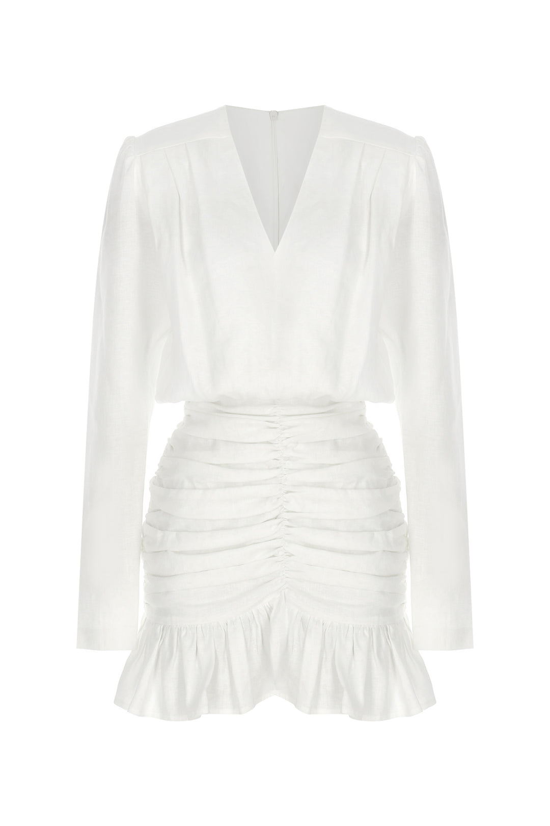 Beyaz V-Yaka, Uzun-Kol, Keten Mini Elbise