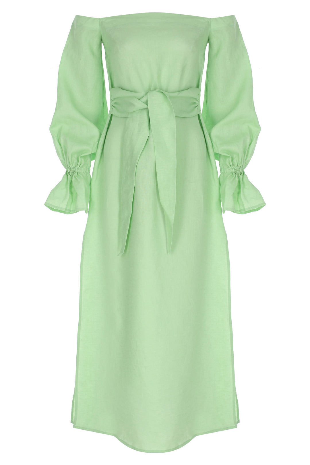 Mint Yeşili Straplez, Uzun-Kol, Keten Bağlamalı Kaftan Elbise